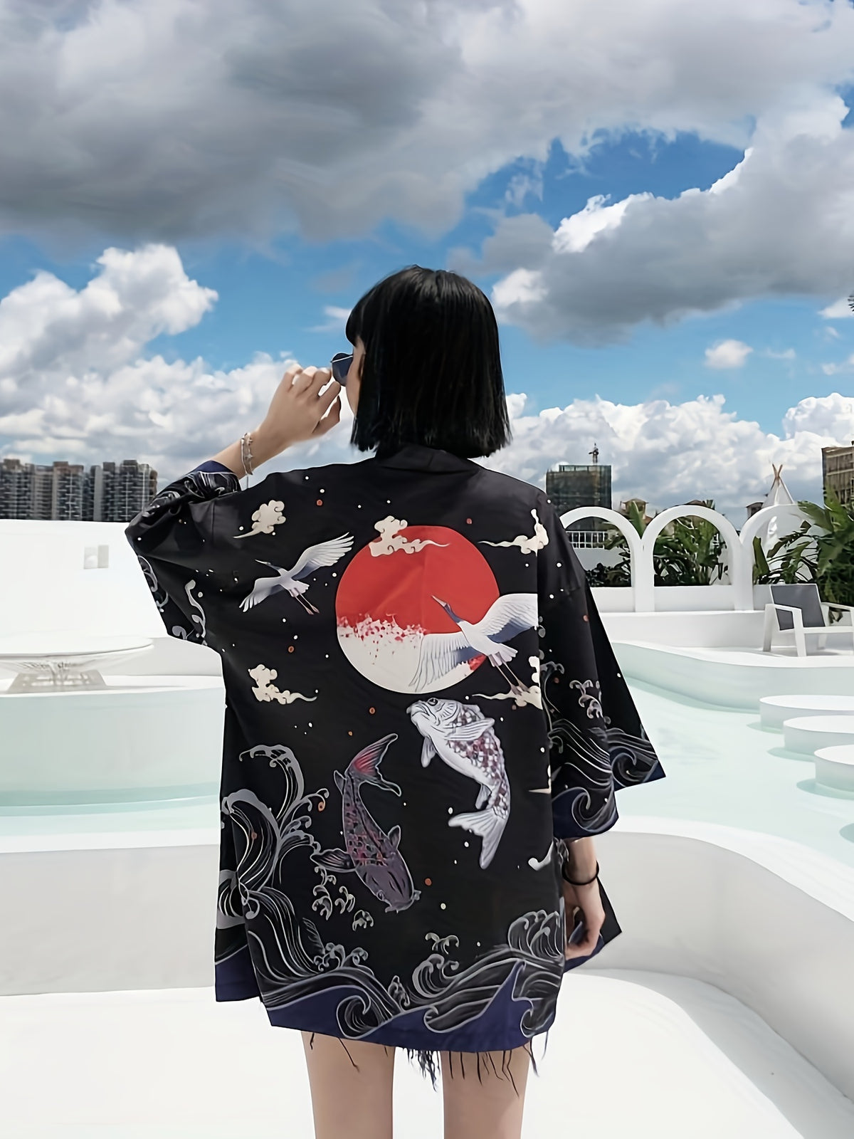 Yukata Lucky Koi Print Three-Quarter Sleeve Kimono Loose Haori Japanese Style Kimono Unisex Couple Wear Travel Casual Lightweight Outerwear Shirt Spring Summer Japanese Cardigan Shawl Group Performance Costume - Black