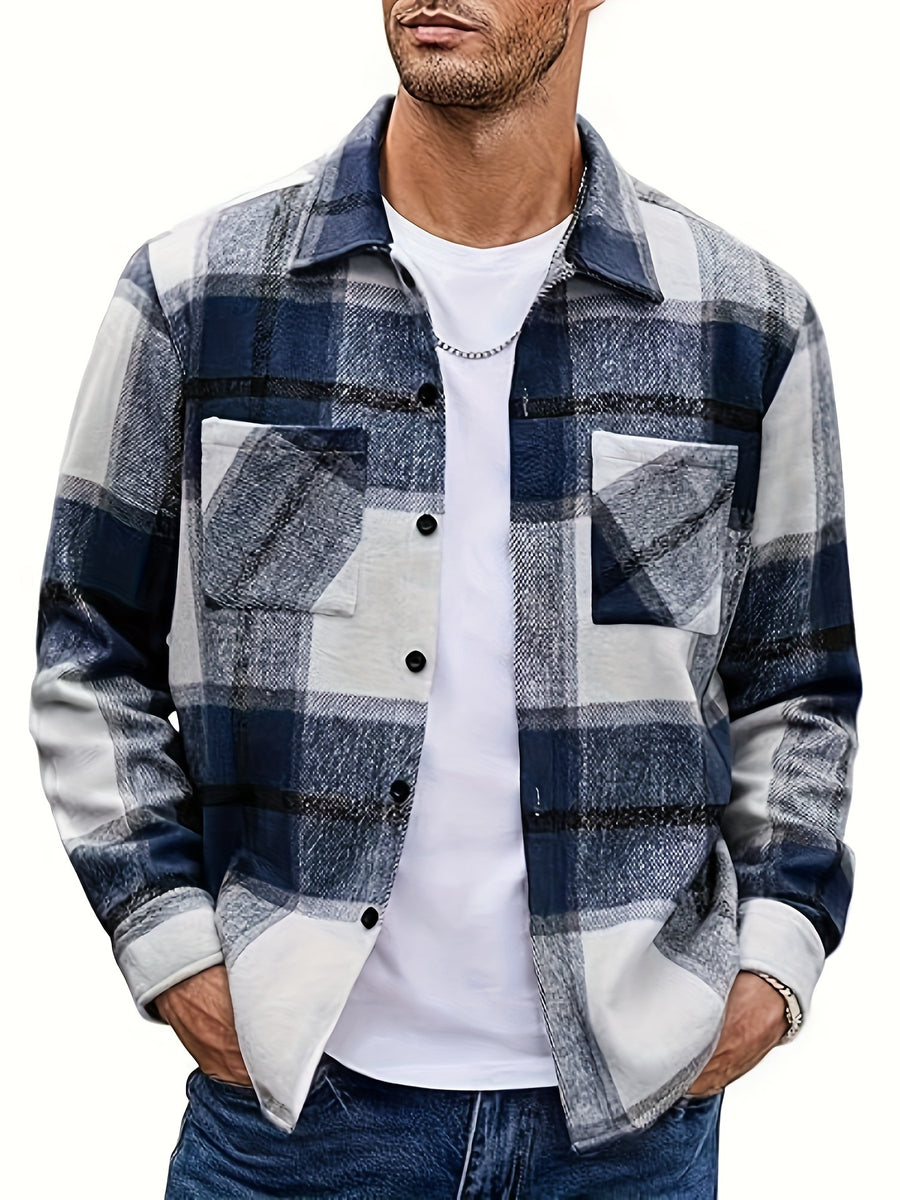 Men's Flannel Thickened Warm Casual Fashion Versatile Plaid Shirt Jacket - Blue