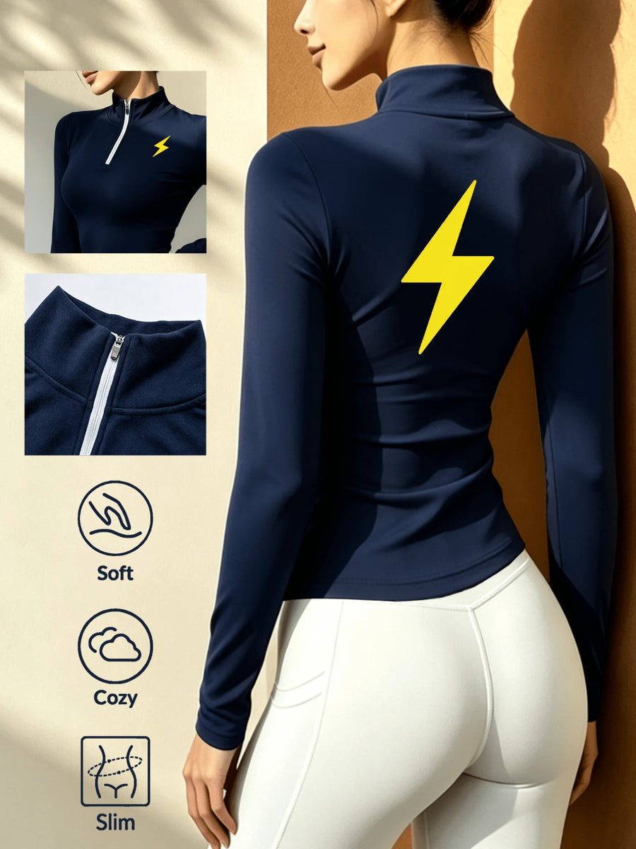 Women'S Solid Color Half-Zipper Long Sleeve Top, Waist-Cinching Warm T-Shirt - Royal Blue