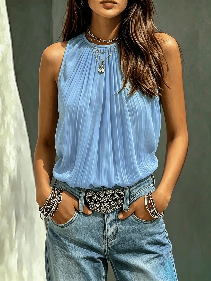 New Elegant and Charming Solid Color Simple Sleeveless Wrap-around Neckline Ruffled Top, Casual Chiffon Sleeveless Vest Top, Women's Clothing - Sky Blue