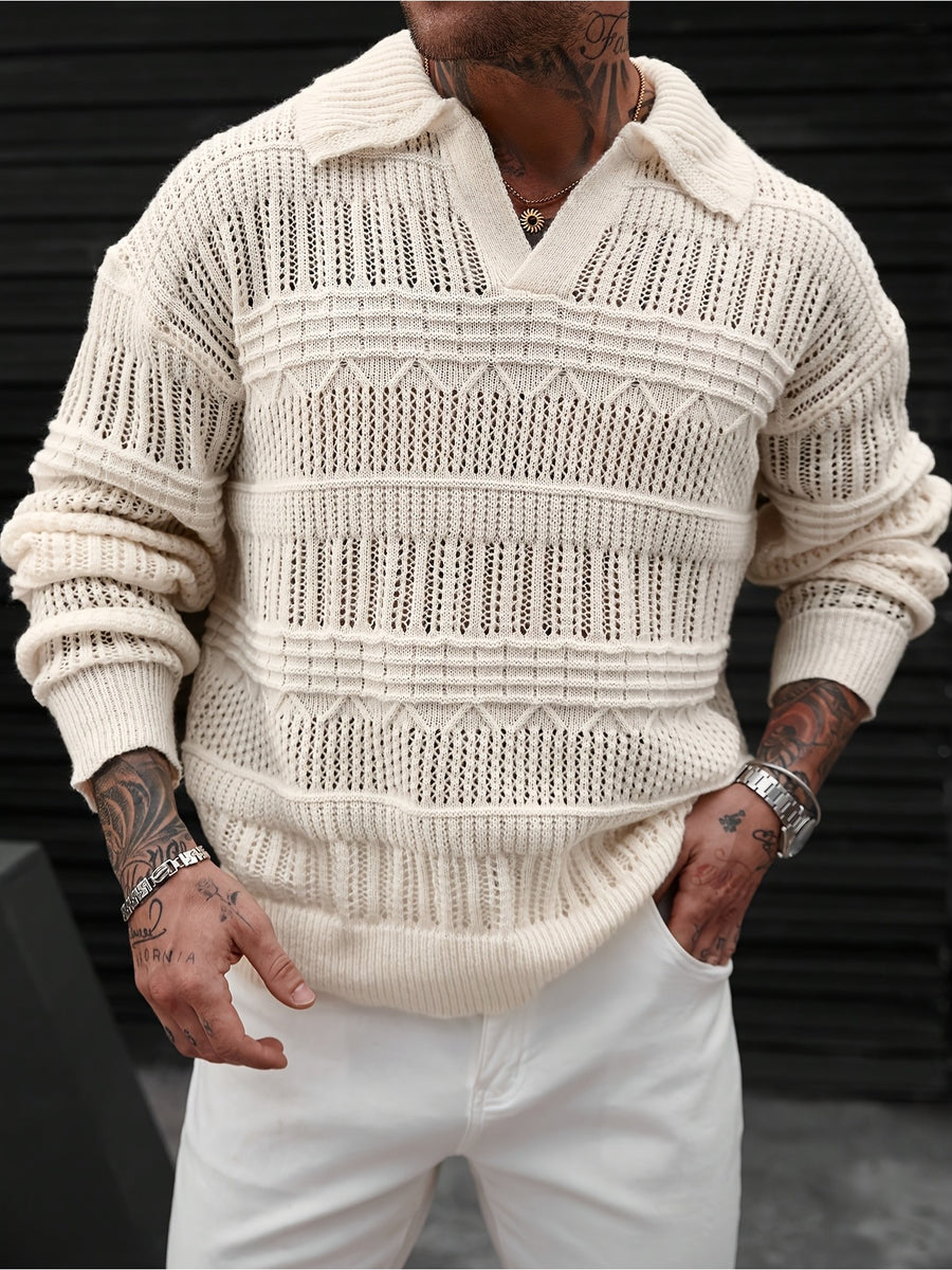 JANE DRESSINGLOG Men's Autumn and Winter Casual Knitted Pullover, with a V-neck Hollow Out Solid Color Polo Shirt and Long Sleeved Sweater, Trendy, Casual, Loose, Breathable, Suitable for Daily Commuting and Travel in Early Autumn. - Apricot