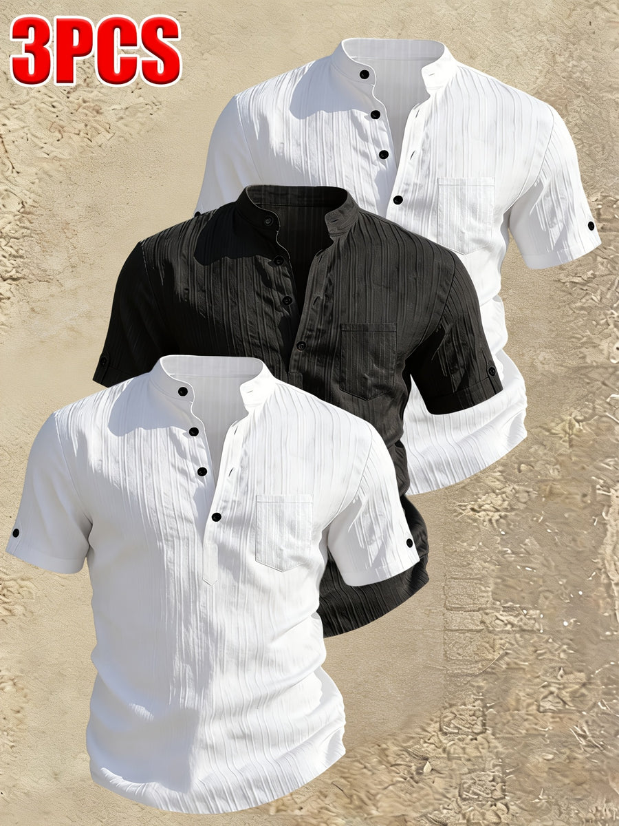 Men's Stand Collar Henley Short Sleeve Shirt 3pcs, Vertical Stripe Texture Half-Button with Pocket Top, Summer Breathable Casual Vacation 3pcs Versatile Men's Shirt Set - White+white+black