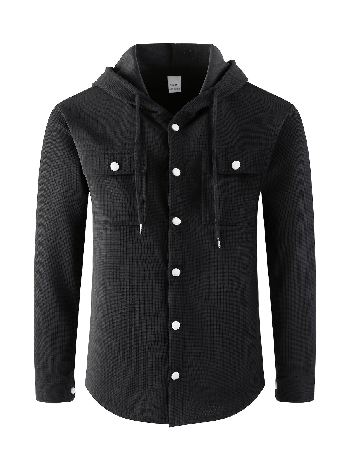 Men'S Waffle Knit Hooded Jacket - Button-Up Workwear Coat - Casual Jacket with Pockets - Spring And Autumn Commute Outfit - Korean Style for Outdoor Activities, Camping, Hiking - Black