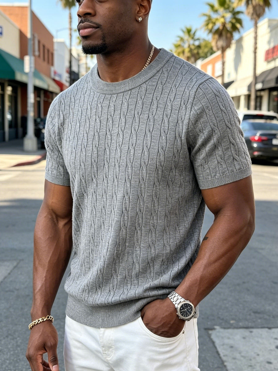 Classic Round Neck Cable Knit T-Shirt, Men'S Spring Summer Vintage Texture Top, Cable Twist Pattern Design, Breaking Pure Color Monotony, Suitable for Friends' Gatherings, Outdoor Camping, Casual Dates, Daily Strolls - Grey