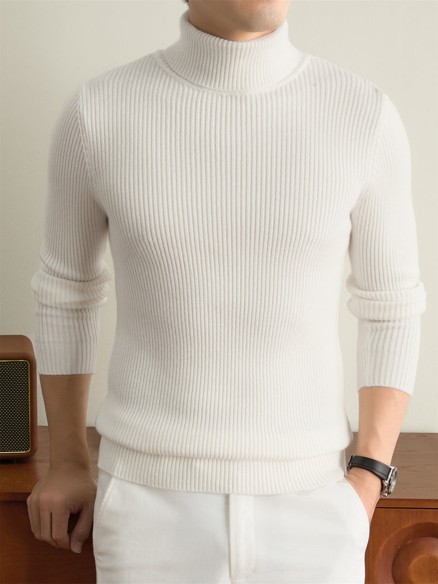 Men's Solid Color High Neck Sweater - Warm Winter Knit Pullover with Turtleneck Collar, Long Sleeve Basic Knitwear Suitable for Casual & -Casual Outfits, Hand Washable for Office Layering - White