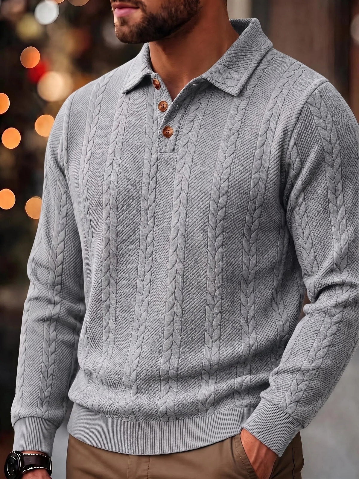 1pc Men's Striped Jacquard Long-Sleeve Polo Shirt, Autumn/Winter Textured Vintage Style Outdoor Casual Henley Top - Grey