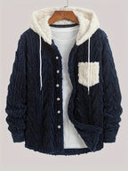 Men'S Warm Thickened Double-Faced Fleece Drawstring Hooded Sweatshirt, Casual Color-Block Design, Suitable for Autumn And Winter, Button-Up Cardigan Sweater - Navy Color