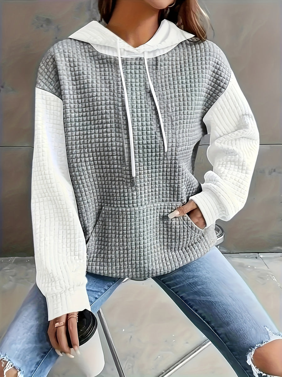 Autumn/Winter European and American Fashion Trendy Wide Fit Casual Loose Color Block Patchwork Pullover Hooded Versatile Sweatshirt Jacket for Women - White