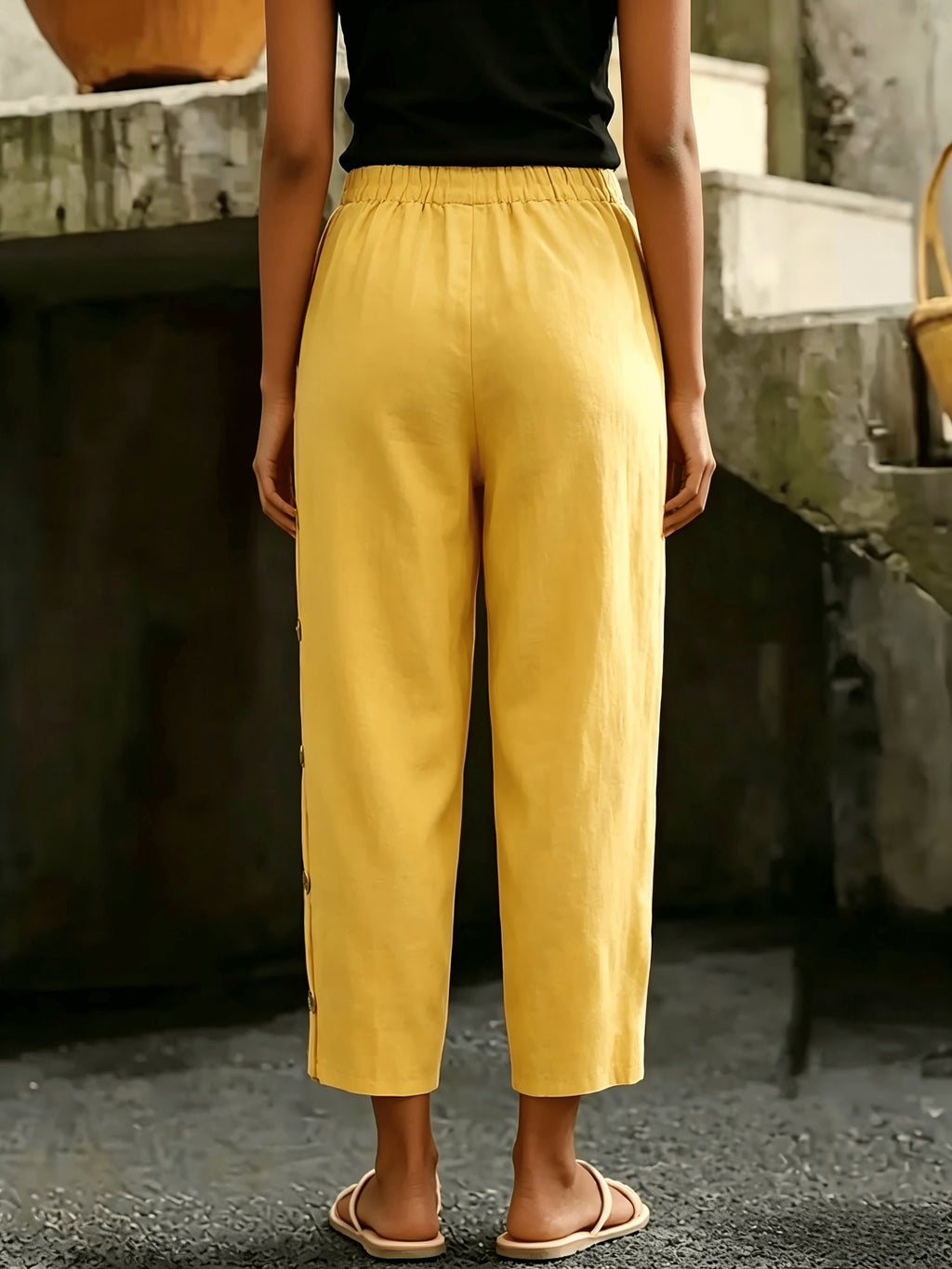 Solid Color Multi-Button Fashion Casual Ankle Pants - Casual Pants 0427 - Yellow