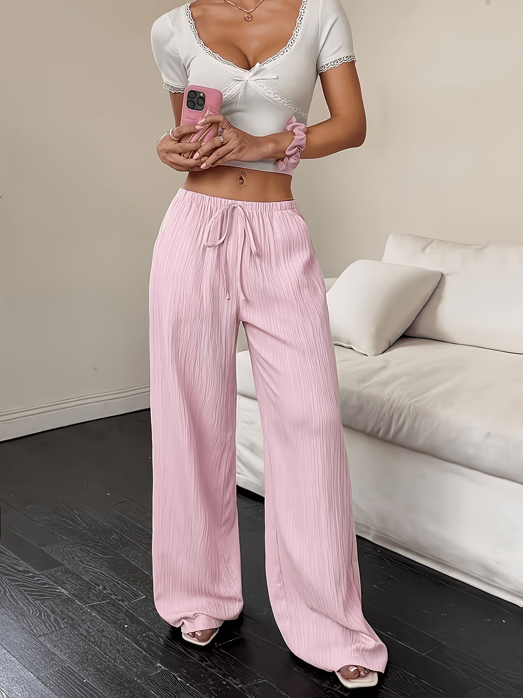 Women's Fashion Casual Khaki Solid Color Elegant Faux Drawstring Straight-Leg Pants - Spring, Summer, and Autumn Solid Color Machine-Washable Trousers, Versatile for Casual and Formal Wear, Faux Drawstring Design, Comfortable and Versatile Style - Pink