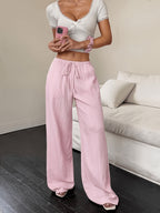 Women's Fashion Casual Khaki Solid Color Elegant Faux Drawstring Straight-Leg Pants - Spring, Summer, and Autumn Solid Color Machine-Washable Trousers, Versatile for Casual and Formal Wear, Faux Drawstring Design, Comfortable and Versatile Style - Pink