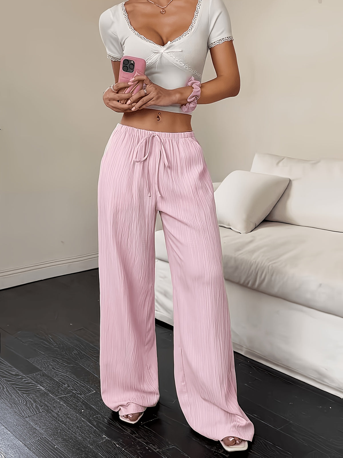 Women's Fashion Casual Khaki Solid Color Elegant Faux Drawstring Straight-Leg Pants - Spring, Summer, and Autumn Solid Color Machine-Washable Trousers, Versatile for Casual and Formal Wear, Faux Drawstring Design, Comfortable and Versatile Style - Pink
