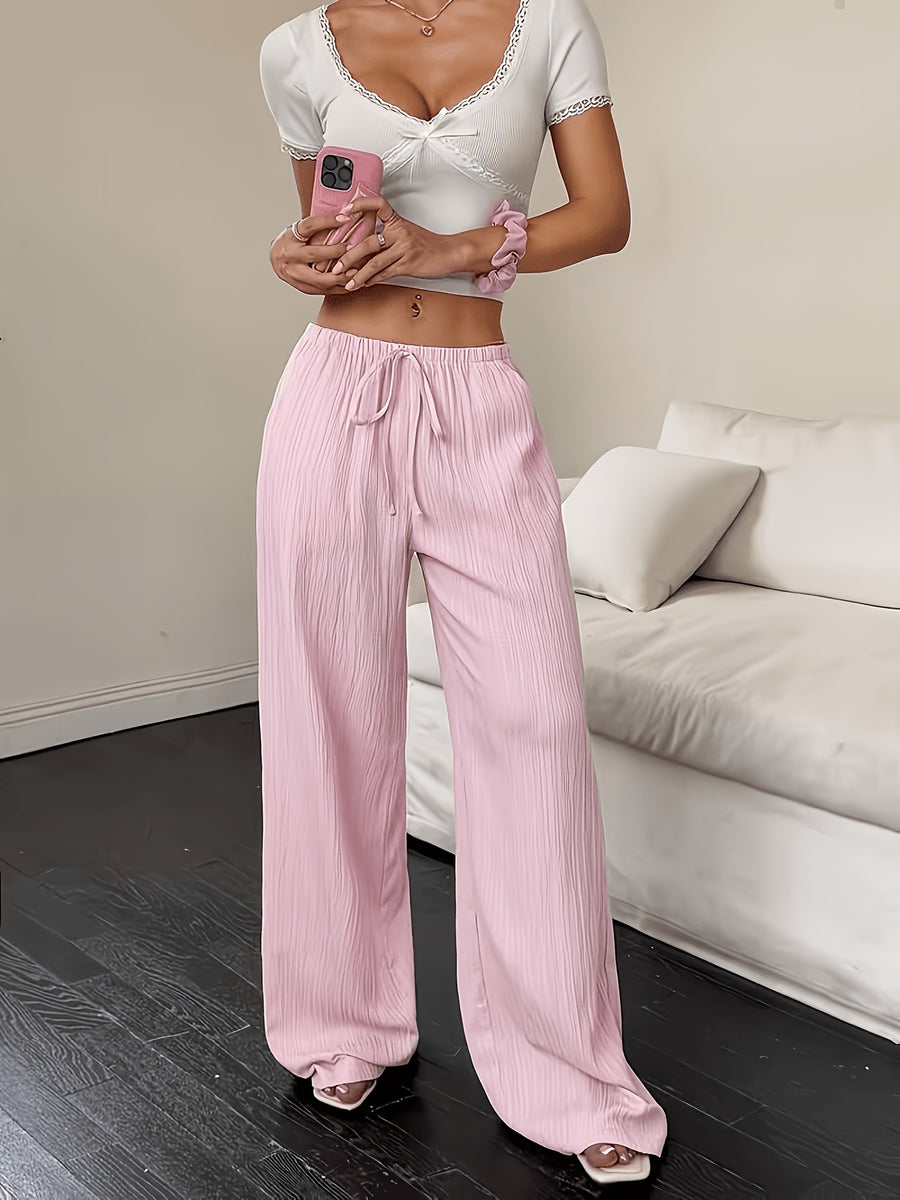 Women's Fashion Casual Khaki Solid Color Elegant Faux Drawstring Straight-Leg Pants - Spring, Summer, and Autumn Solid Color Machine-Washable Trousers, Versatile for Casual and Formal Wear, Faux Drawstring Design, Comfortable and Versatile Style - Pink