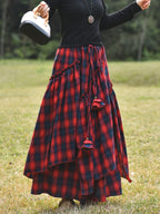 Women's Vintage Asymmetrical Tiered Maxi Skirt - Double-Sided Plaid Pattern, Loose A-Line Silhouette, Polyester Long Flowy Skirt for Spring & Fall, Machine Washable - Red
