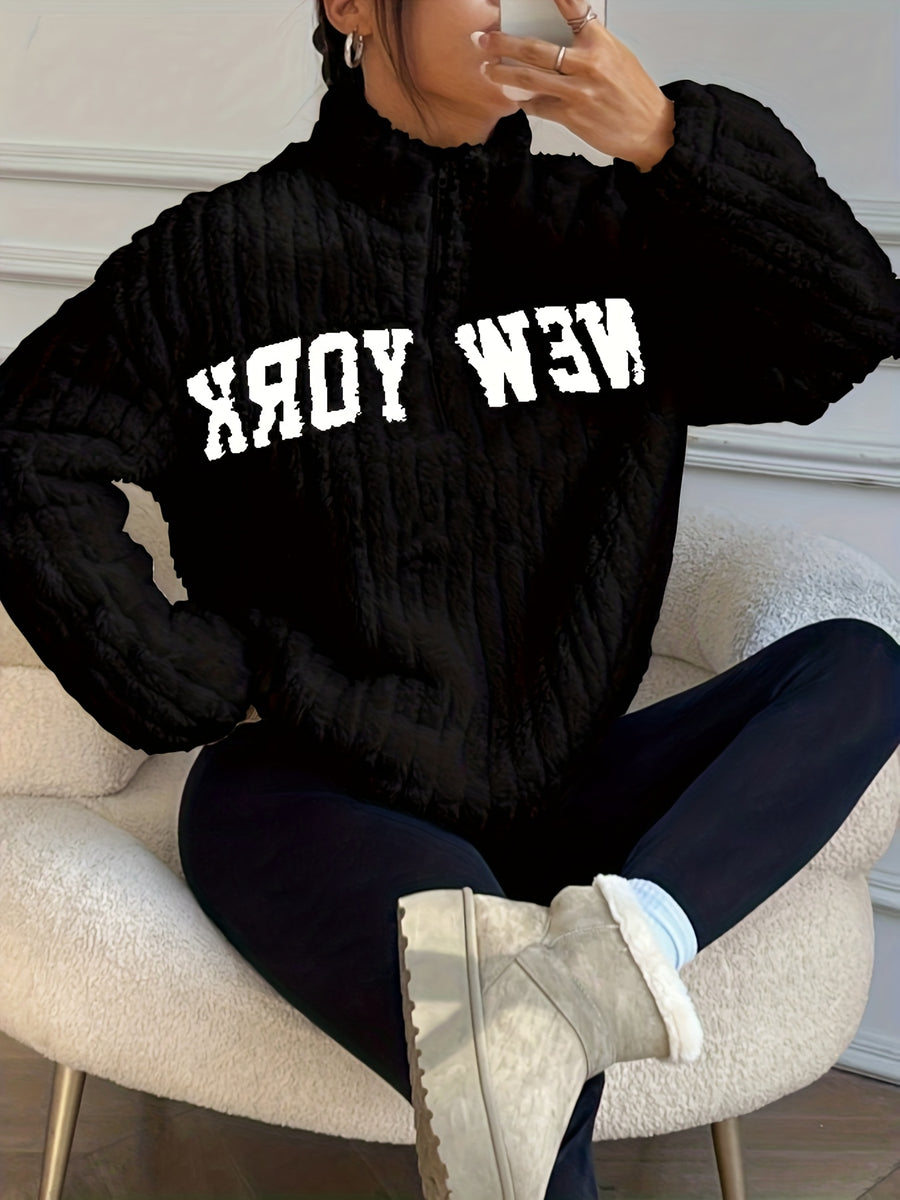 Autumn-Winter Warm Women's Letter Embroidered Stand Collar Zipper Double-Sided Pullover, Elegant Solid Color Top Coat for Women - Black