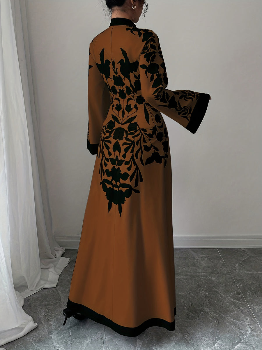 Fashionable Elegant Faux Two-Piece Fall/Winter New Floral Print Long Sleeve Maxi Dress - Amber