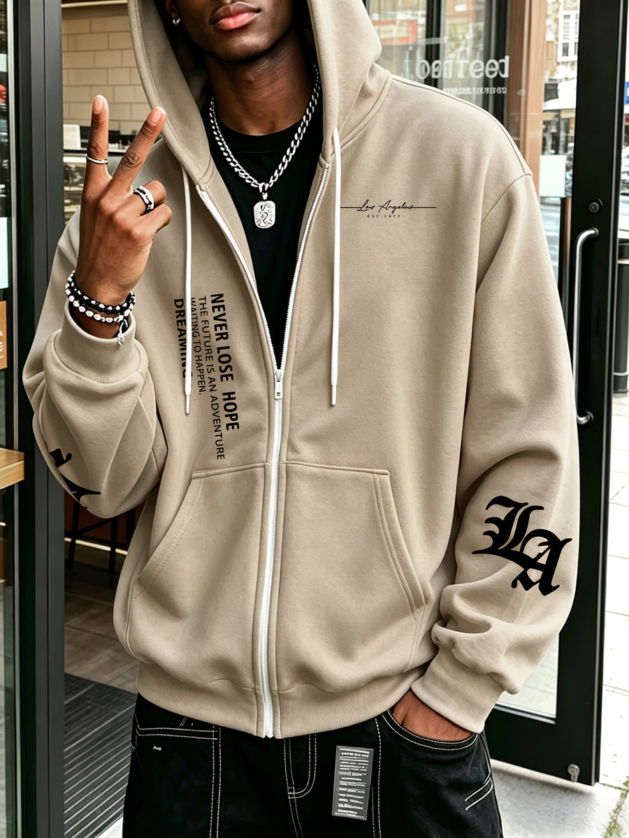 Men's New Trendy Autumn/Winter Fashion Zip-Up Hoodie, Casual Daily Drawstring Zip-Up Hooded Sweatshirt with Creative Flat Design Print, Front Kangaroo Pocket, Unisex Top - Khaki