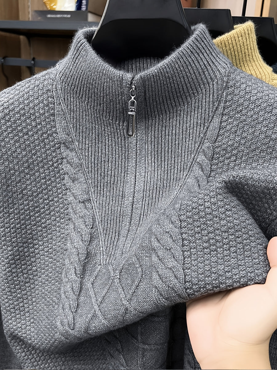 Men'S Thickened Semi-Open Zipper Stand Collar Knit Sweater, Ribbed Cuffs And Hem, Autumn/Winter Style, Single Wear And Layering, Light Mature Business Casual Style - 【Light Grey】