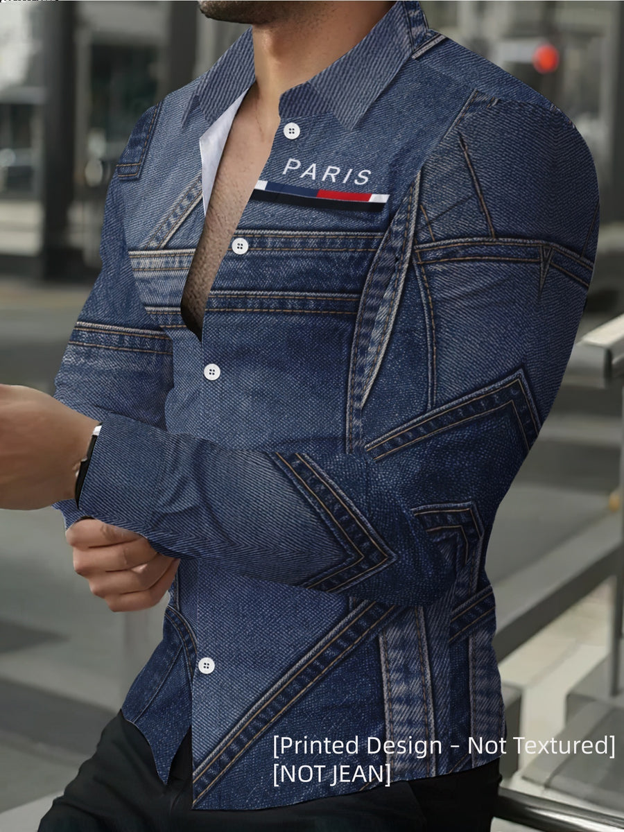 Men'S Premium Choice [Printed Design – Not Textured] Men'S Essential Long Sleeve Shirt Men'S Long Sleeve Faux Denim Shirt Trendy Individual Patchwork Design Fashion Lapel Casual Versatile Top [Non-Faux Denim Fabric] Perfect Gift for Men - Mixed colors