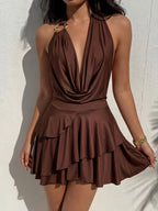Women's Spring/Summer Vacation Style New Solid Color Halter Neck Spaghetti Strap Backless Deep V-Neck Sexy Fashion Dress - Coffee Color