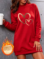 Golden Double Heart Easy Print Mid-High Neck Long Sweatshirt Women'S Autumn Winter Fleece Thick Loose Sweat Dress - Red