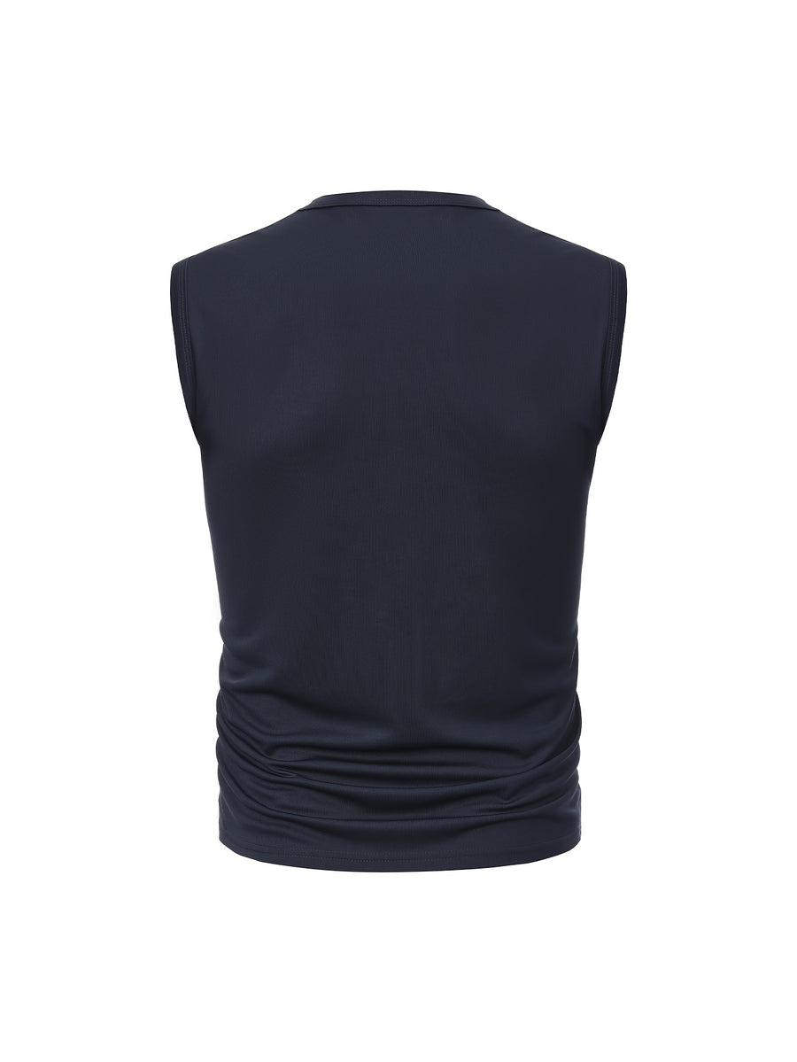 Men's Sleeveless Polo Shirt, Sporty Minimalist Pocket Top - Navy Color