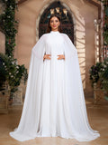 Cape Mesh Dress, Family Gathering Birthday Party Dress, Elegant and Stylish Dress, Women's Long Dress, Party Dress, New Arrival, Women's Evening Gown, Host/Performer Dress, Bridesmaid Dress, Prom Evening Gown, Concert Performance Dress - White