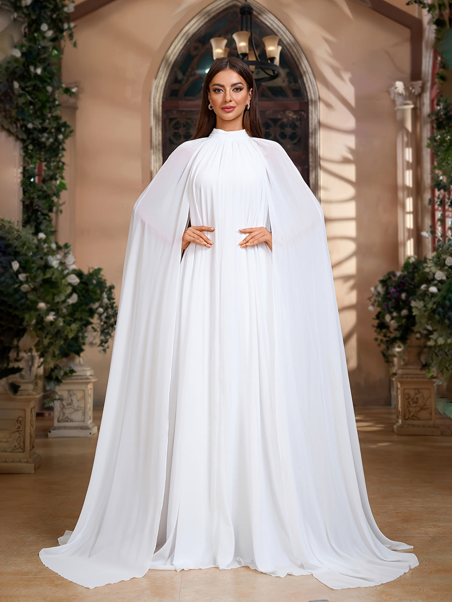 Cape Mesh Dress, Family Gathering Birthday Party Dress, Elegant and Stylish Dress, Women's Long Dress, Party Dress, New Arrival, Women's Evening Gown, Host/Performer Dress, Bridesmaid Dress, Prom Evening Gown, Concert Performance Dress - White