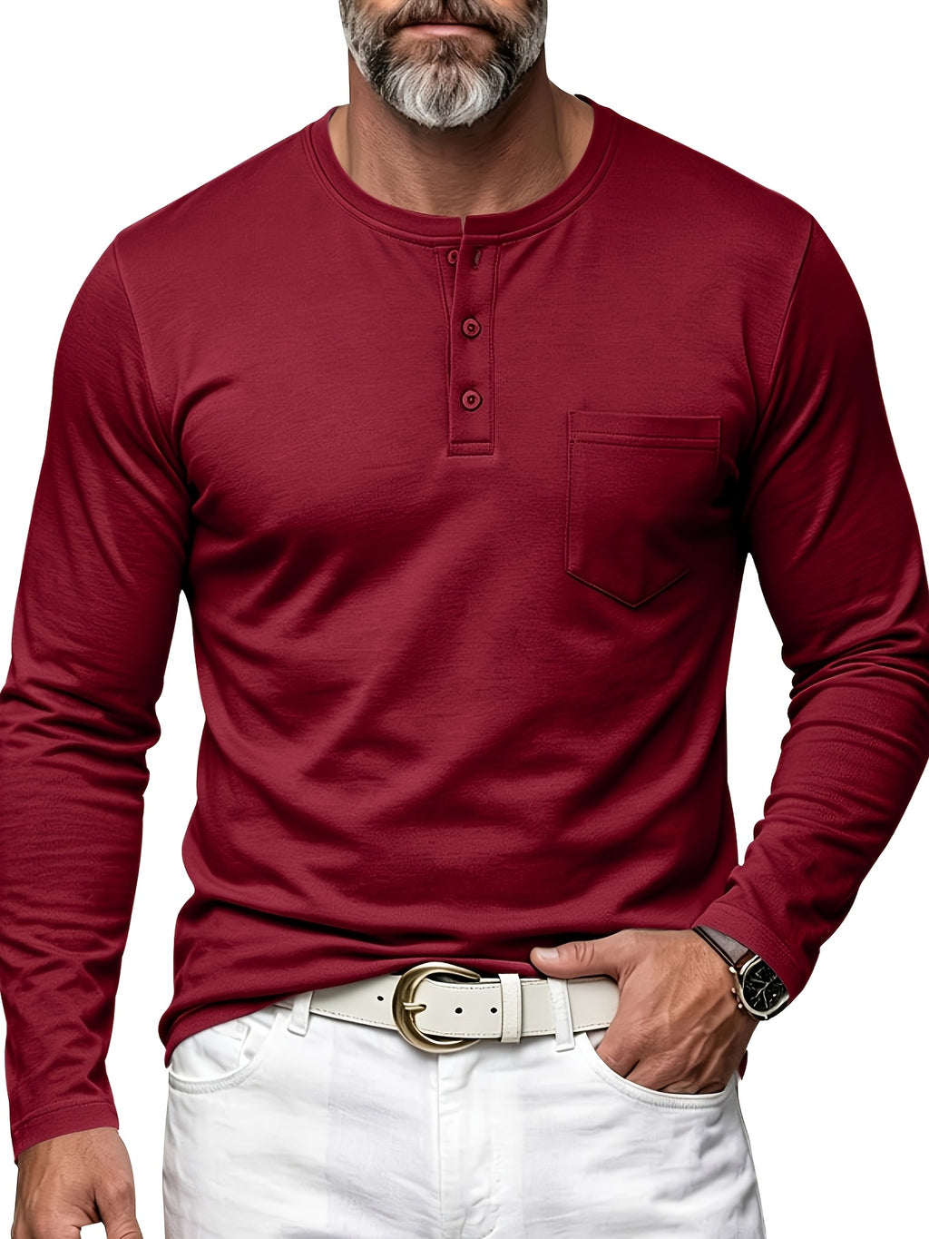 Men's Henley Neck Long Sleeve T-Shirt, Spring/Autumn Three-Button Casual Base Layer, Slim Fit Versatile Top with Left Chest Pocket - Red