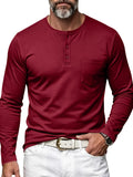 Men's Henley Neck Long Sleeve T-Shirt, Spring/Autumn Three-Button Casual Base Layer, Slim Fit Versatile Top with Left Chest Pocket - Red