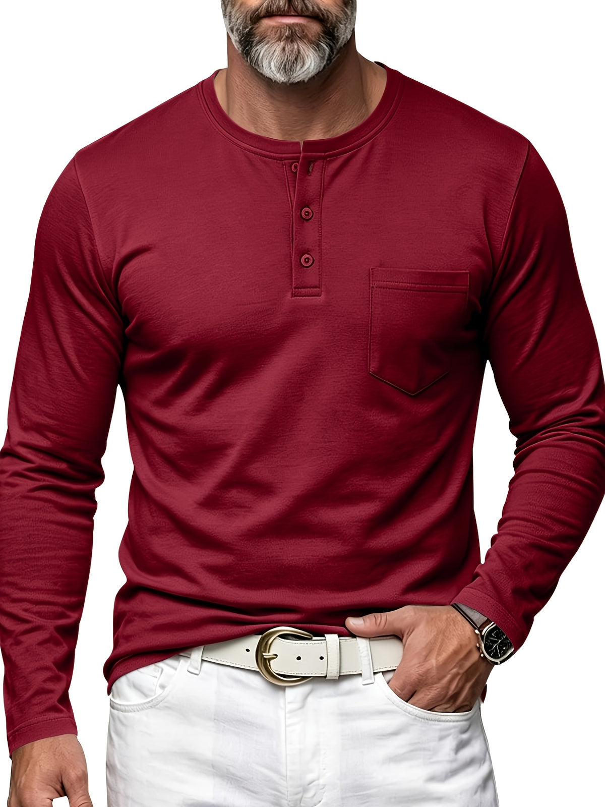 Men's Henley Neck Long Sleeve T-Shirt, Spring/Autumn Three-Button Casual Base Layer, Slim Fit Versatile Top with Left Chest Pocket - Red