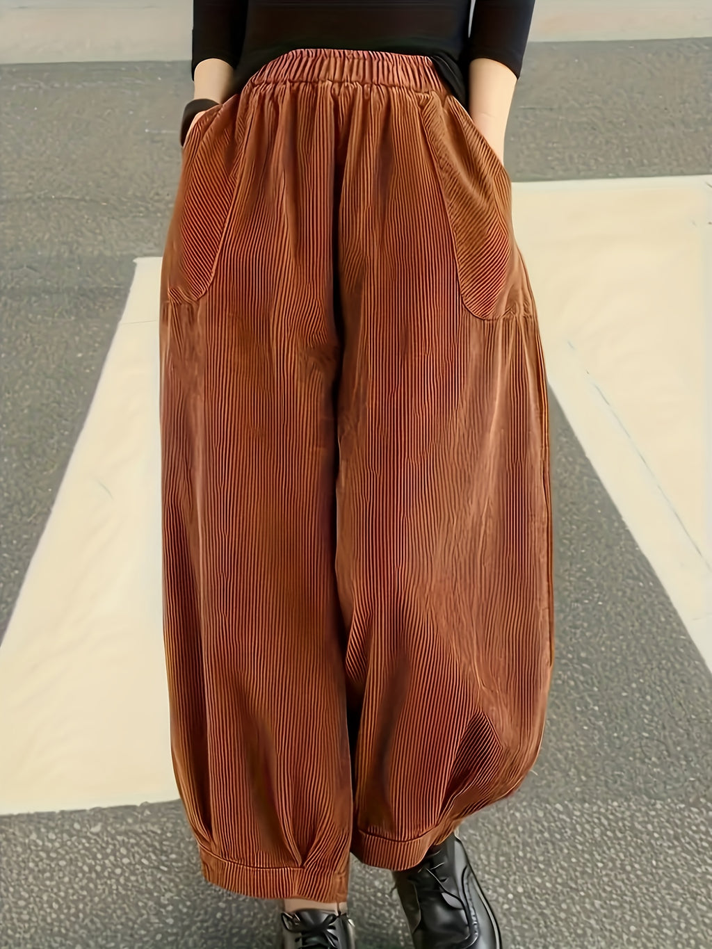 Plus Size - Plus Size - Women'S Plus Size Autumn And Winter Casual Retro Corduroy Cropped Pants, Versatile And Fashionable Loose Fit, Casual Style with Pockets, Comfortable to Wear in All Seasons, High-Waisted Pants - Bronze