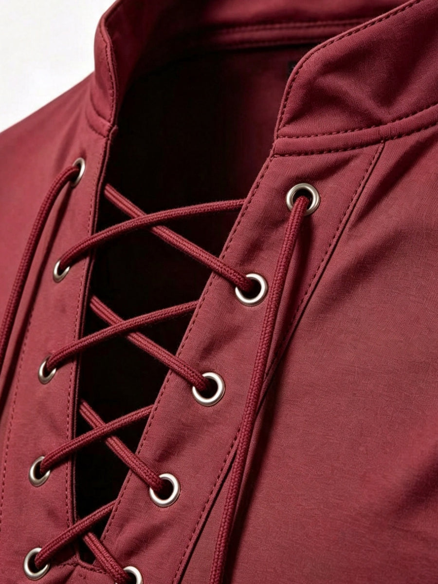 2026 New Men'S Casual Outdoor Tie-Neck Polo Shirt - K, Long Sleeve for All Seasons, Button-Less Design with Cross Drawstring, Stand Collar, Breathable And Comfortable, Quick-Dry - Burgundy