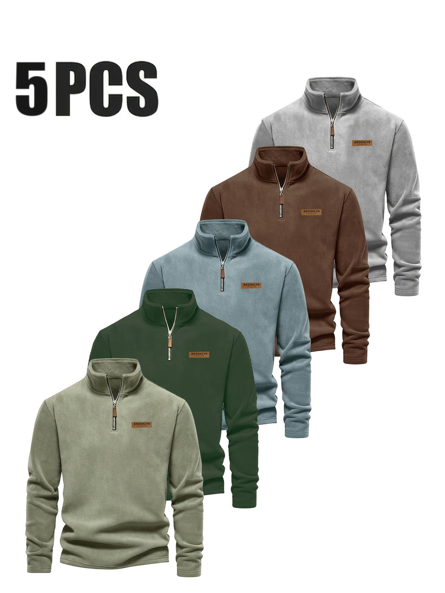 Men'S Fleece Half-Zip Sweatshirt 5pcs Set Autumn Winter Comfortable Warm Casual All-Match Style - Mint Green + Dark Green + Slate Blue + Reddish Brown + Gray