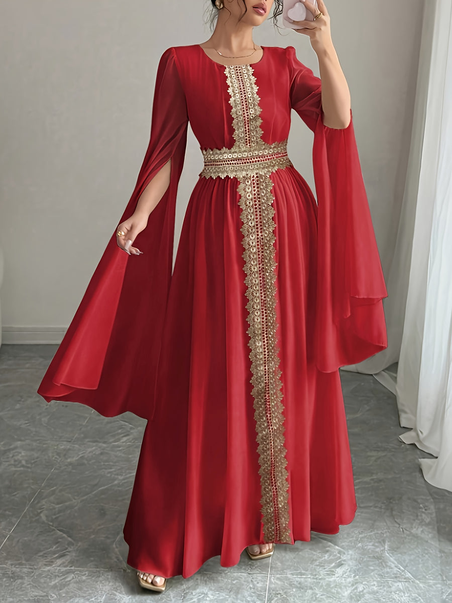 Women'S Autumn/Winter Solid Color Sequin Patchwork Tie Long Sleeve Split Chiffon Dress - Red