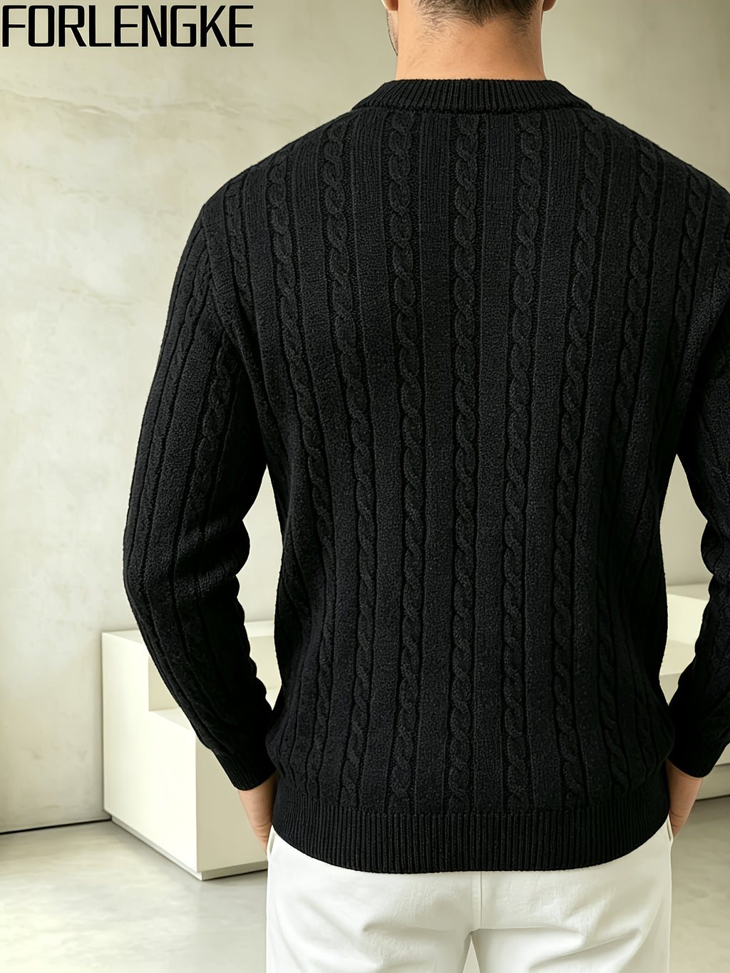 FORLENGKE Men's Stretchable Henley Sweater Button-Front Collar Pullover - Solid Color Cable Knit Sweater Suitable for Work & Gatherings, Winter Warmth, Casual Round Neck Button Detail Knitwear for Young Men, Dry Cleanable - Black