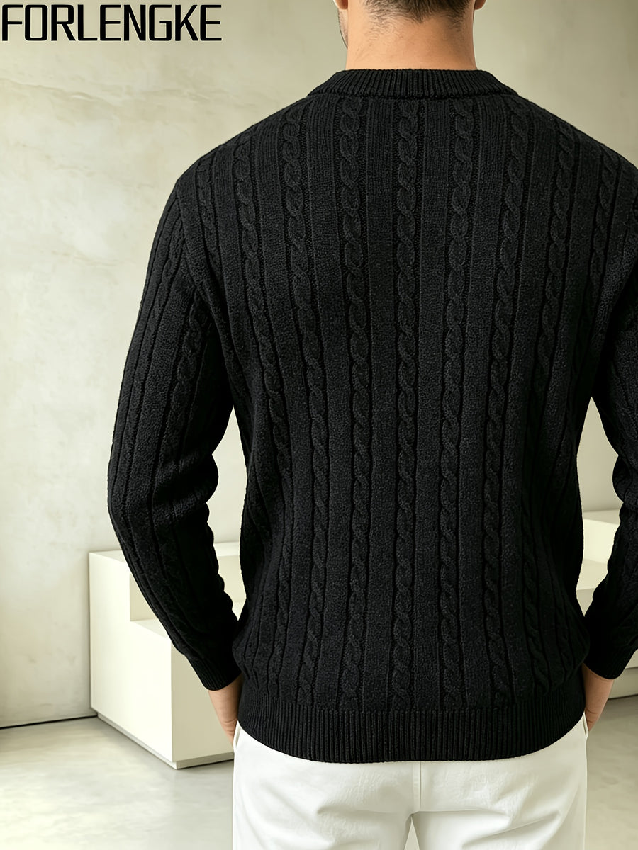 FORLENGKE Men's Stretchable Henley Sweater Button-Front Collar Pullover - Solid Color Cable Knit Sweater Suitable for Work & Gatherings, Winter Warmth, Casual Round Neck Button Detail Knitwear for Young Men, Dry Cleanable - Black