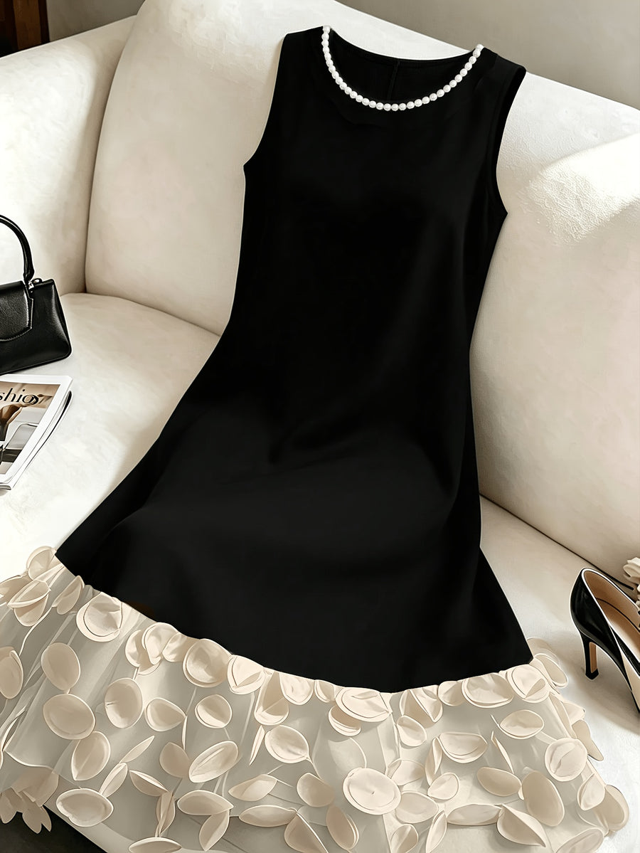 Fashion Solid Color Versatile Round Neck Elegant Women'S Dress, with 3D Patchwork Hem And Beaded Neckline, Summer New Style, Suitable for Elegant Daily Wear, Social Gatherings, Commuting, Outings, Vacations, And More - Apricot