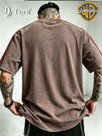 Official Warner Bros. Product, Hip-Hop Street Striped T-Shirt, Loose Drop-Shoulder Casual Summer Top, Machine Washable, Suitable for Daily Wear And Themed Events - Coffee Color