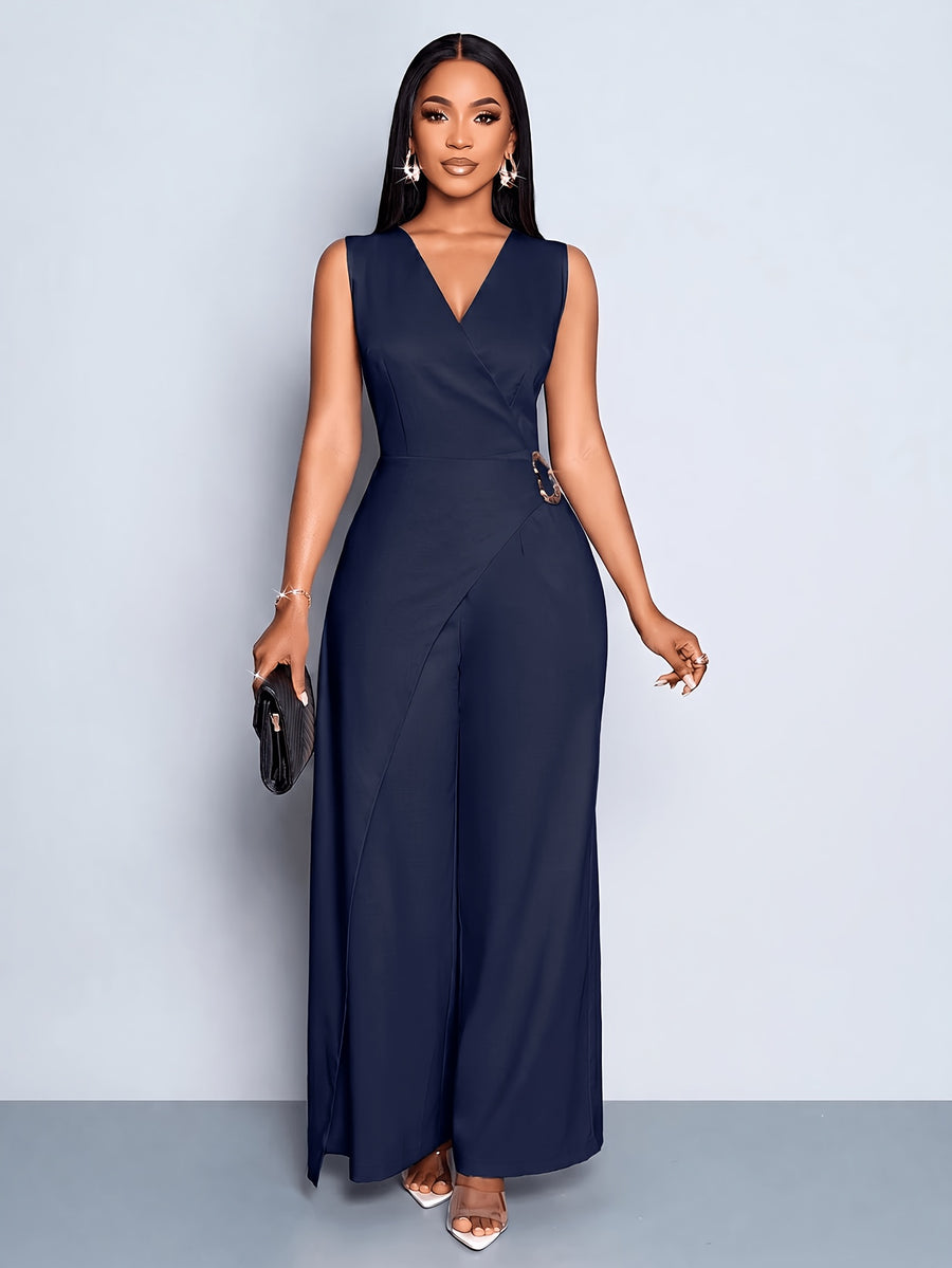 Women's Casual and Elegant Sleeveless Jumpsuit, Business Casual Wear, Simple Style Office Attire for Women - Navy Color