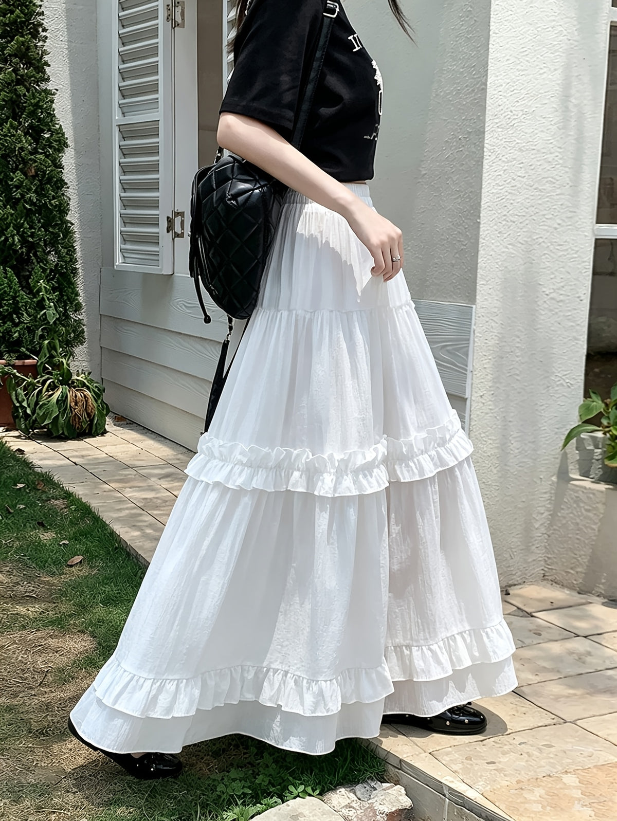 White Ruffle Hem Stretch Waist Multi-Layer Patchwork Elegant Solid Color Skirt for Women, New Spring/Autumn Long Patchwork Ruffle Hem Cake Dress - White