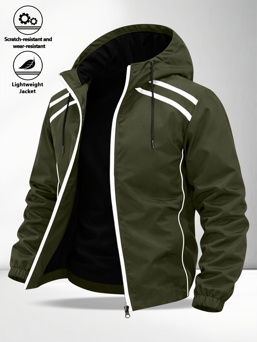 Men'S Multi-Color Racing Style Reflective Stripe Hooded Jacket, And Wear-Resistant Fabric, Multi-Pocket Design, Street Techwear Style, Casual Outing And Commute - Tactical Green