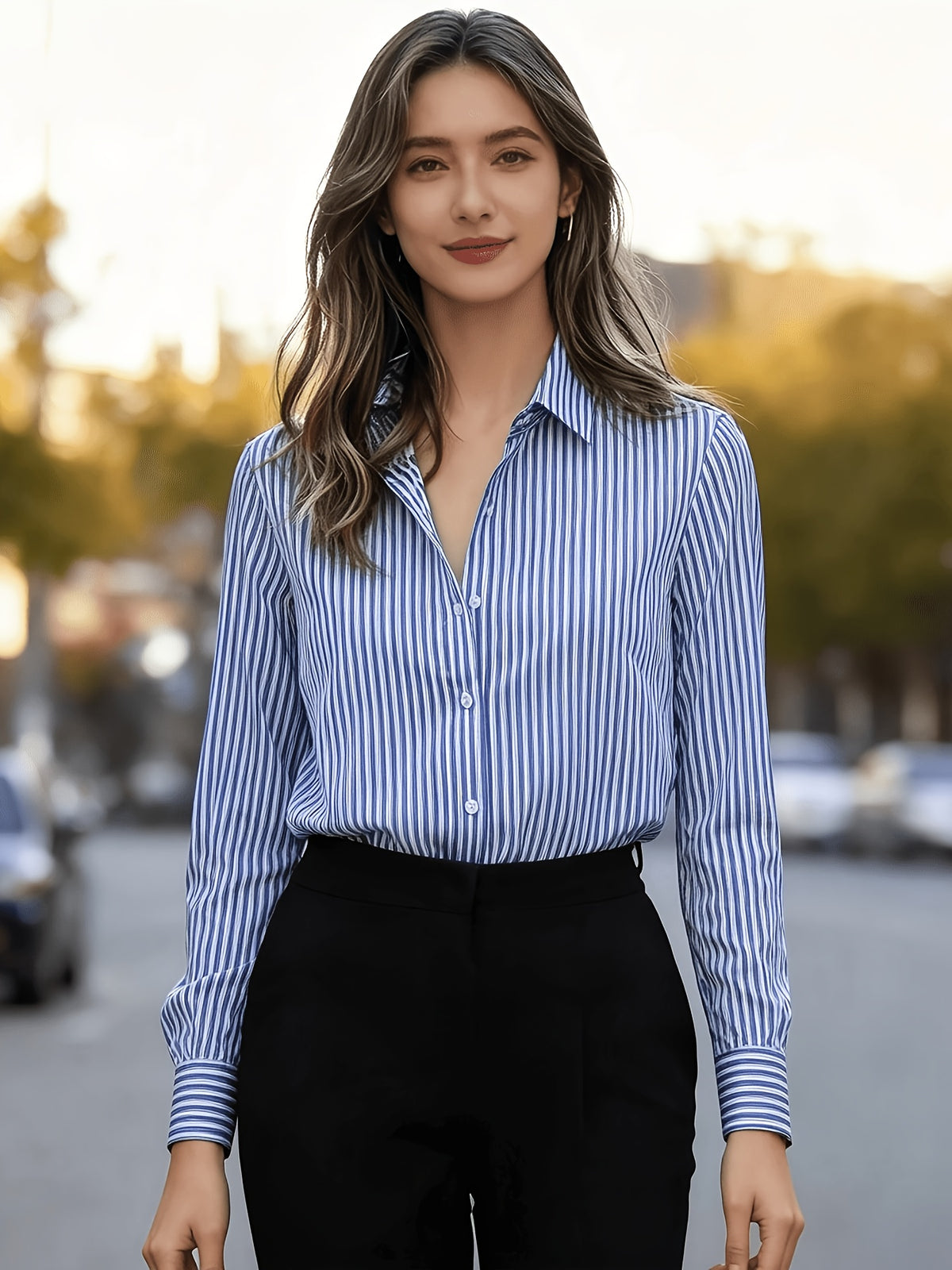 European Style Literary Fresh Vertical Striped Loose Commuting Versatile Long-Sleeve Shirt for Women - Multicolor