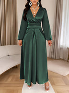 Women's Solid-color Simple Daily and Party Banquet Satin Bridesmaid Dress with Pleated Design - Dark Green