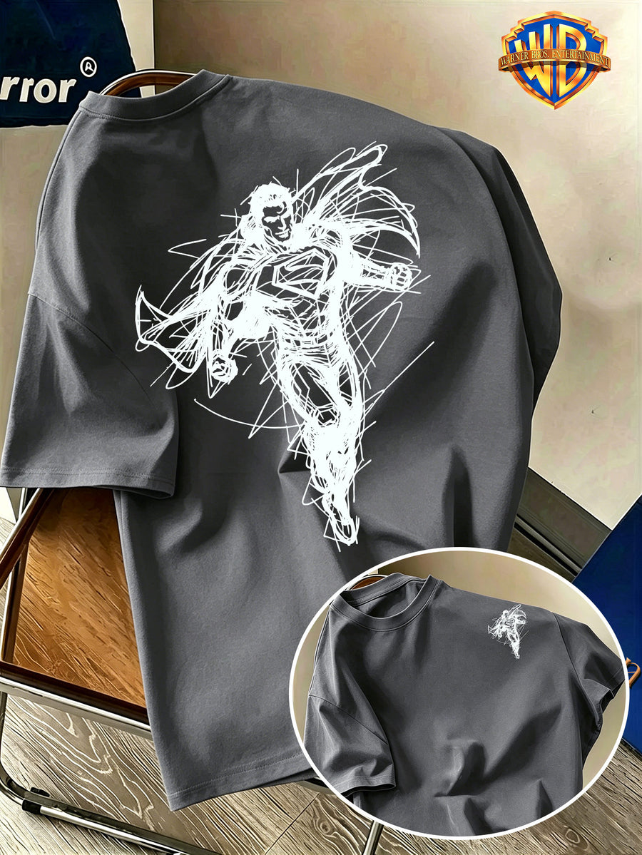 Warner Bros. Official Back-to-School Season Men's Casual T-Shirt, Soft and Breathable Lightweight Short-Sleeve Fabric, DC Superman Core S Logo Black and White Sketch Line American Anime Print, Light and Comfortable Fit, Suitable for Daily Wear - Dark Gray
