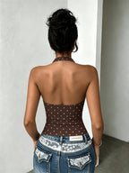 Women's Polka Dot Backless Slim-Fit Casual Camisole Top - Coffee Color