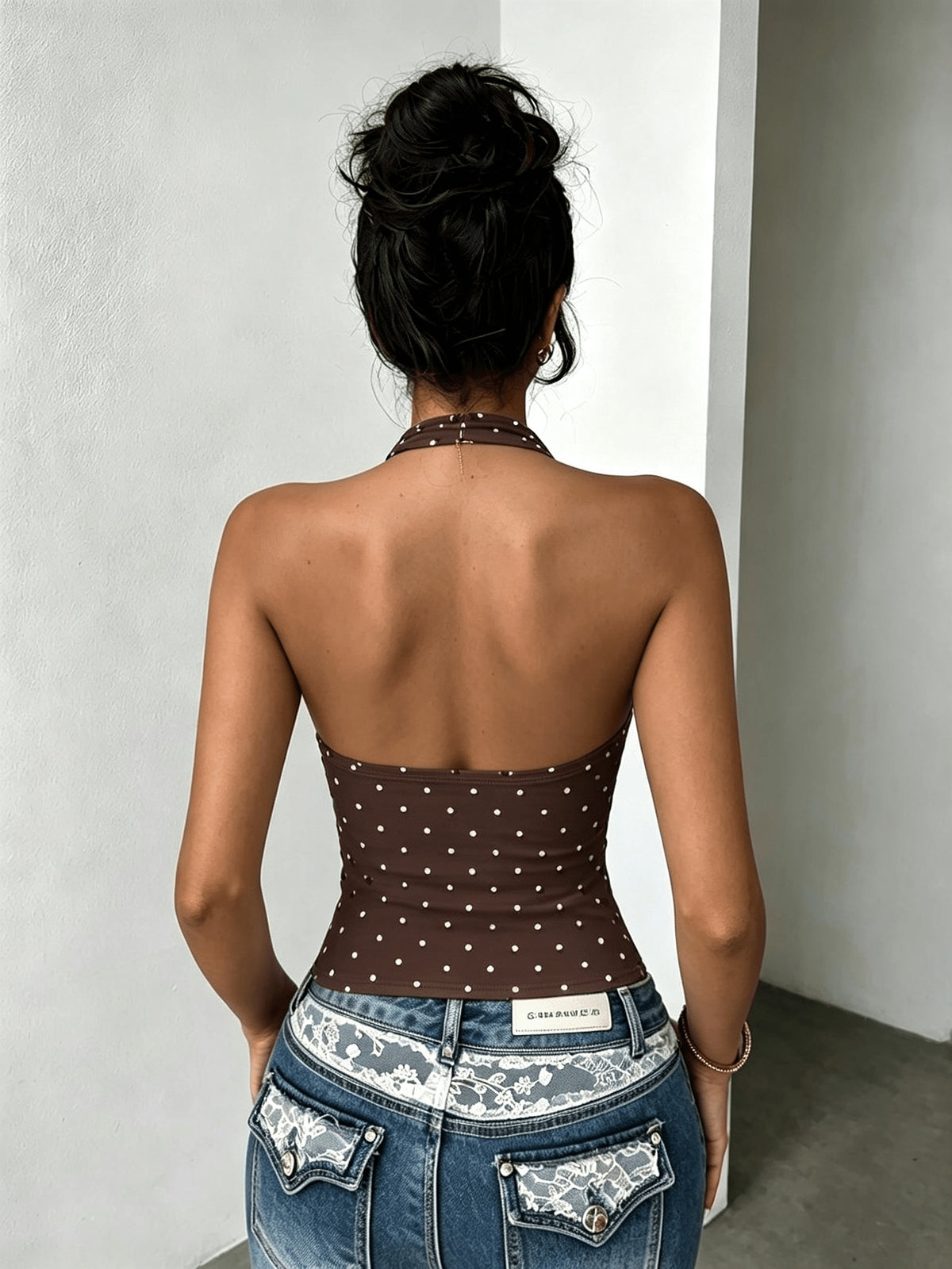 Women's Polka Dot Backless Slim-Fit Casual Camisole Top - Coffee Color