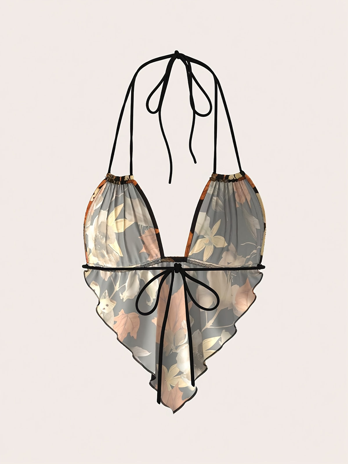 Women'S Floral Halter Drawstring Backless Sexy Camisole, Wavy Hem Heart-Shaped Tank Top - Multicolor