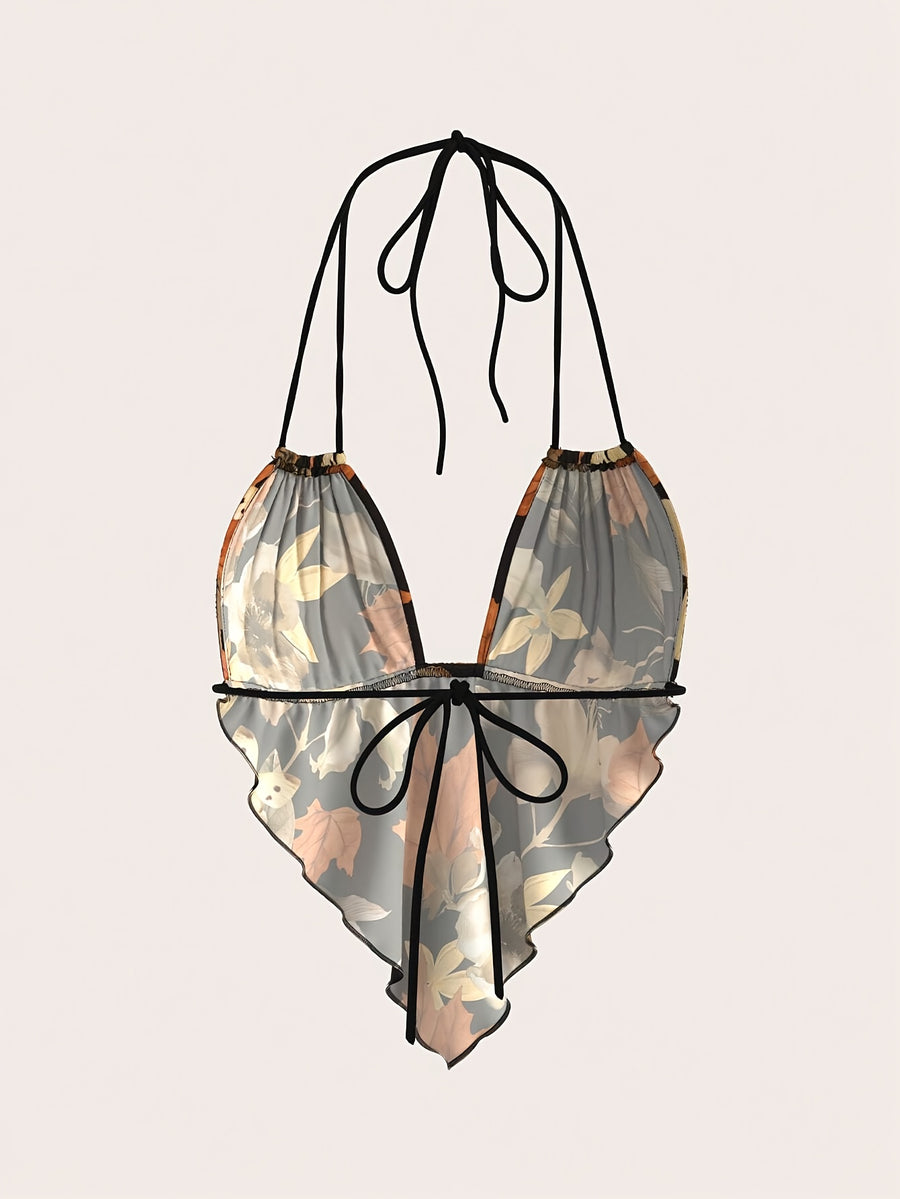 Women'S Floral Halter Drawstring Backless Sexy Camisole, Wavy Hem Heart-Shaped Tank Top - Multicolor