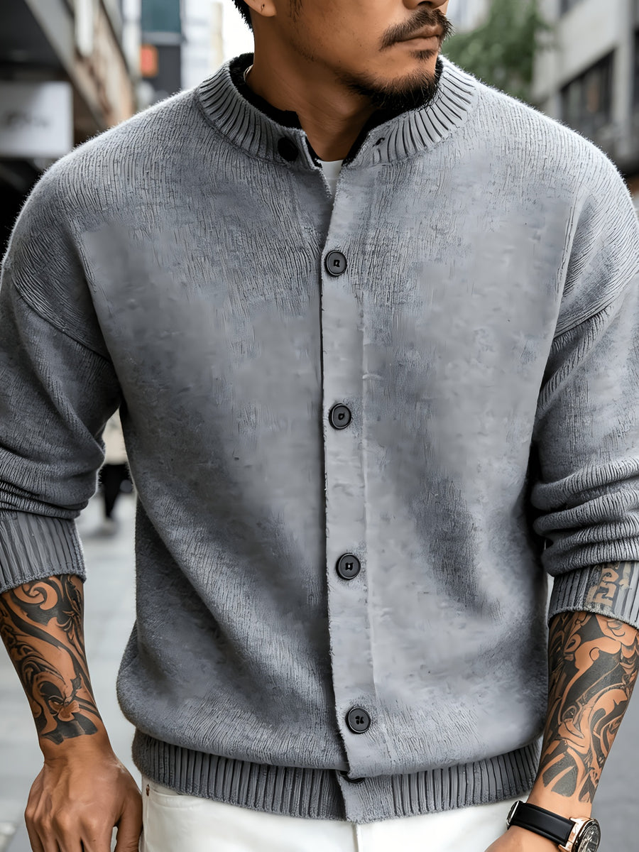 Men's New Spring/Autumn Solid Color Long-Sleeve Knit Cardigan with Contrast Color Stand Collar and Single-Breasted Buttons, Urban Street Style Casual Textured Top, Versatile Commuter Wear for Mature Young Men - Light Grey